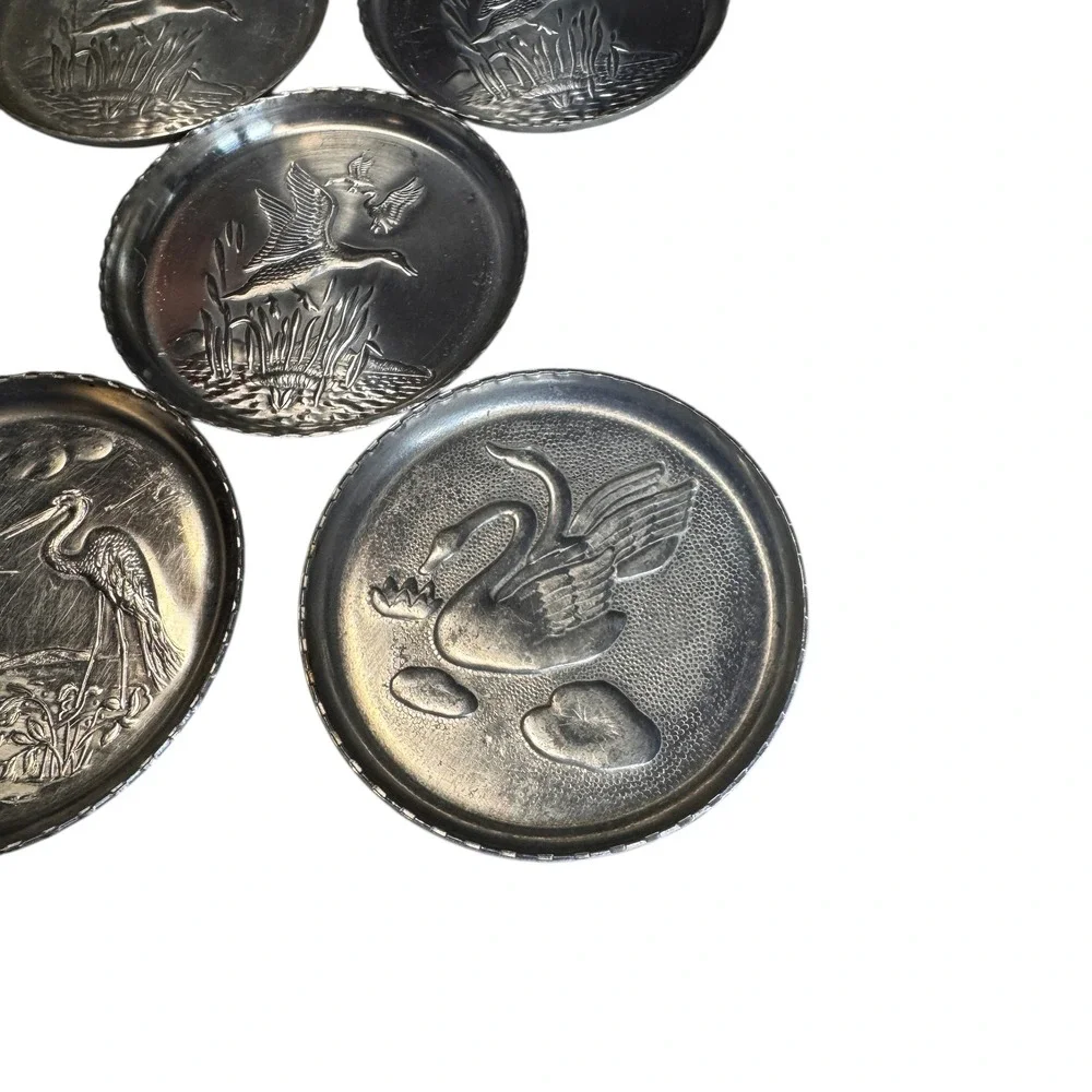 Vintage Pewter Coasters‎ Set of 7 Birds Geese Duck Crane Swan Embossed Drinkware